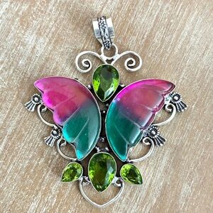 Large Butterfly Pendant Peridot Glowy Stones 3”